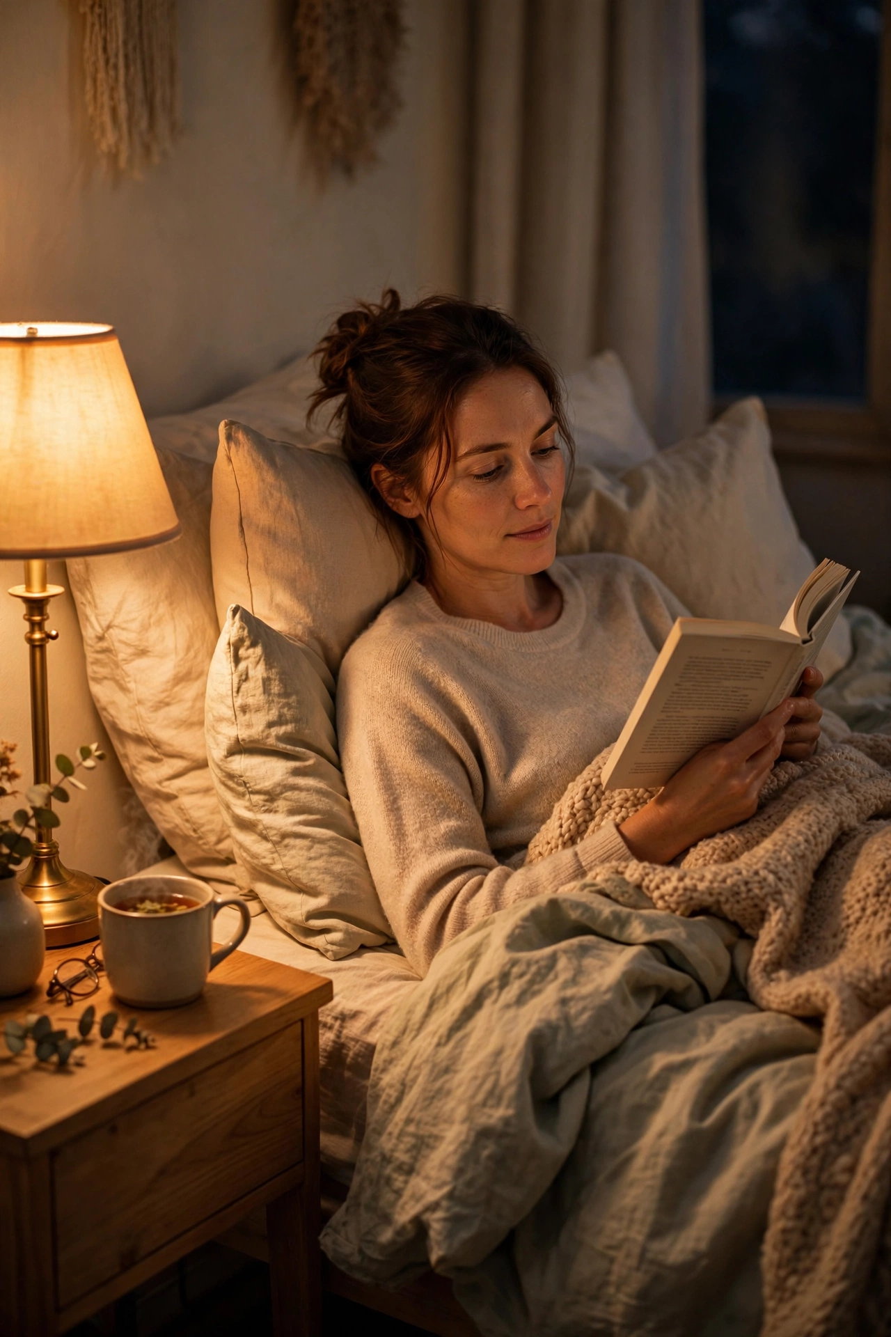 Calm bedtime routine with a book and warm light