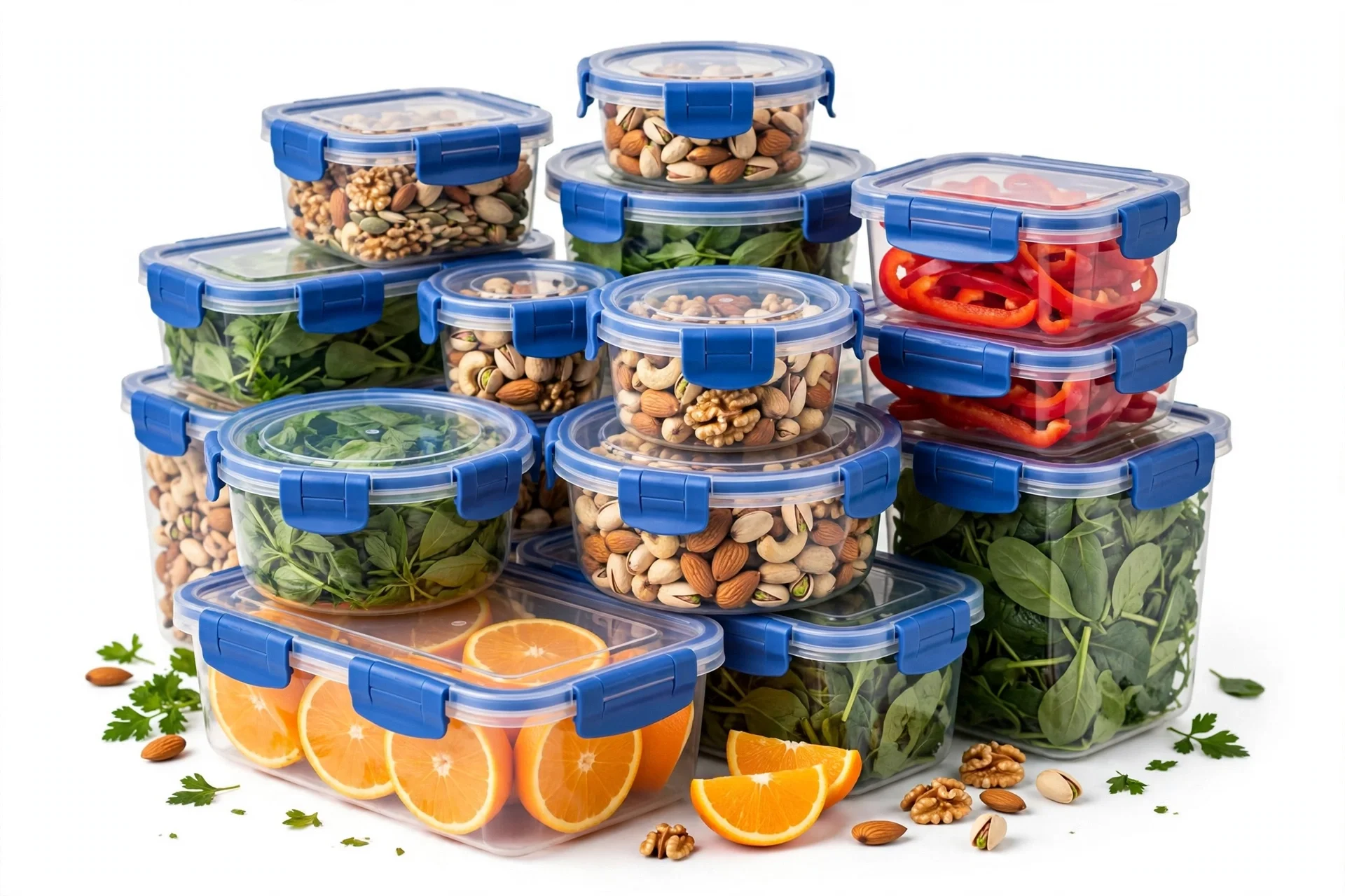 Clear food storage containers with blue snap-lock lids filled with colourful food