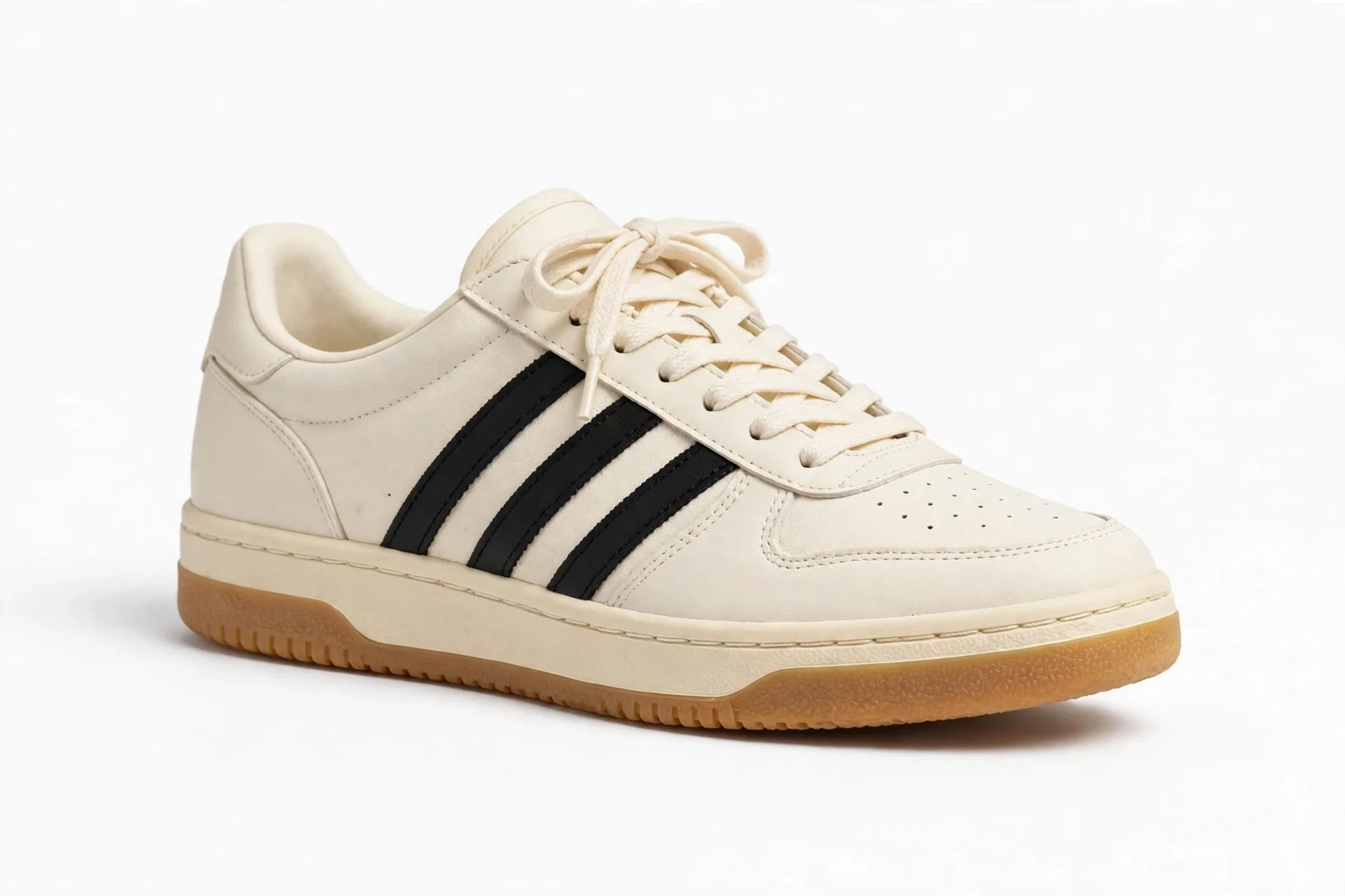 Off-white cream low sneaker with black side stripes and gum sole