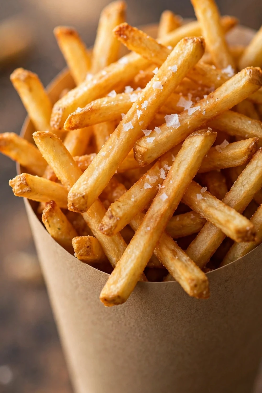 Golden french fries in a paper cone with salt
