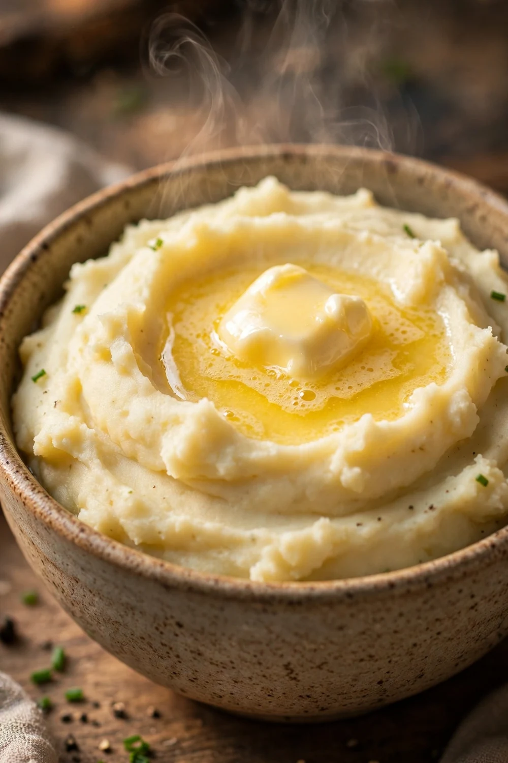 A bowl of creamy mashed potatoes with a knob of butter