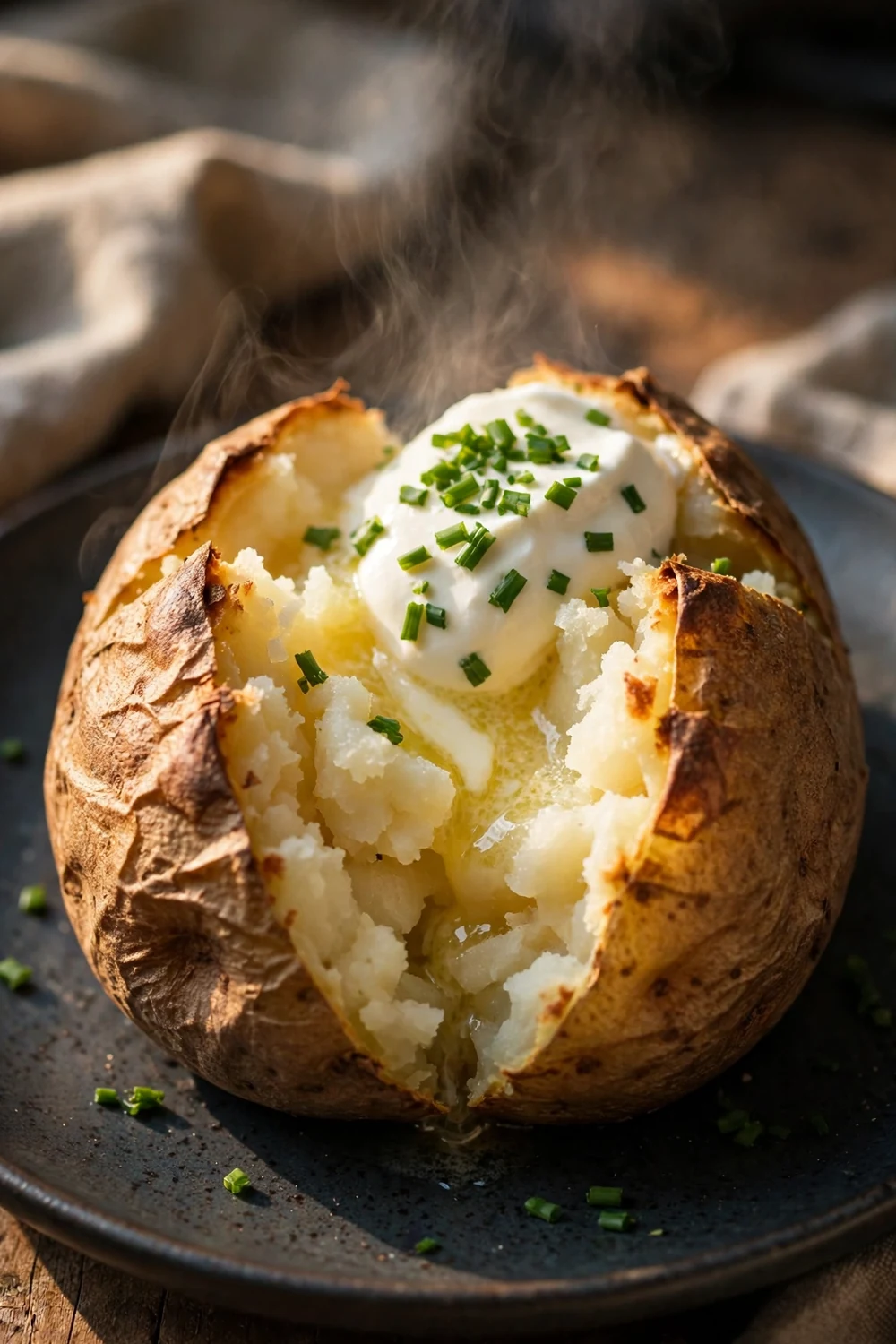 A baked potato split open with butter and toppings