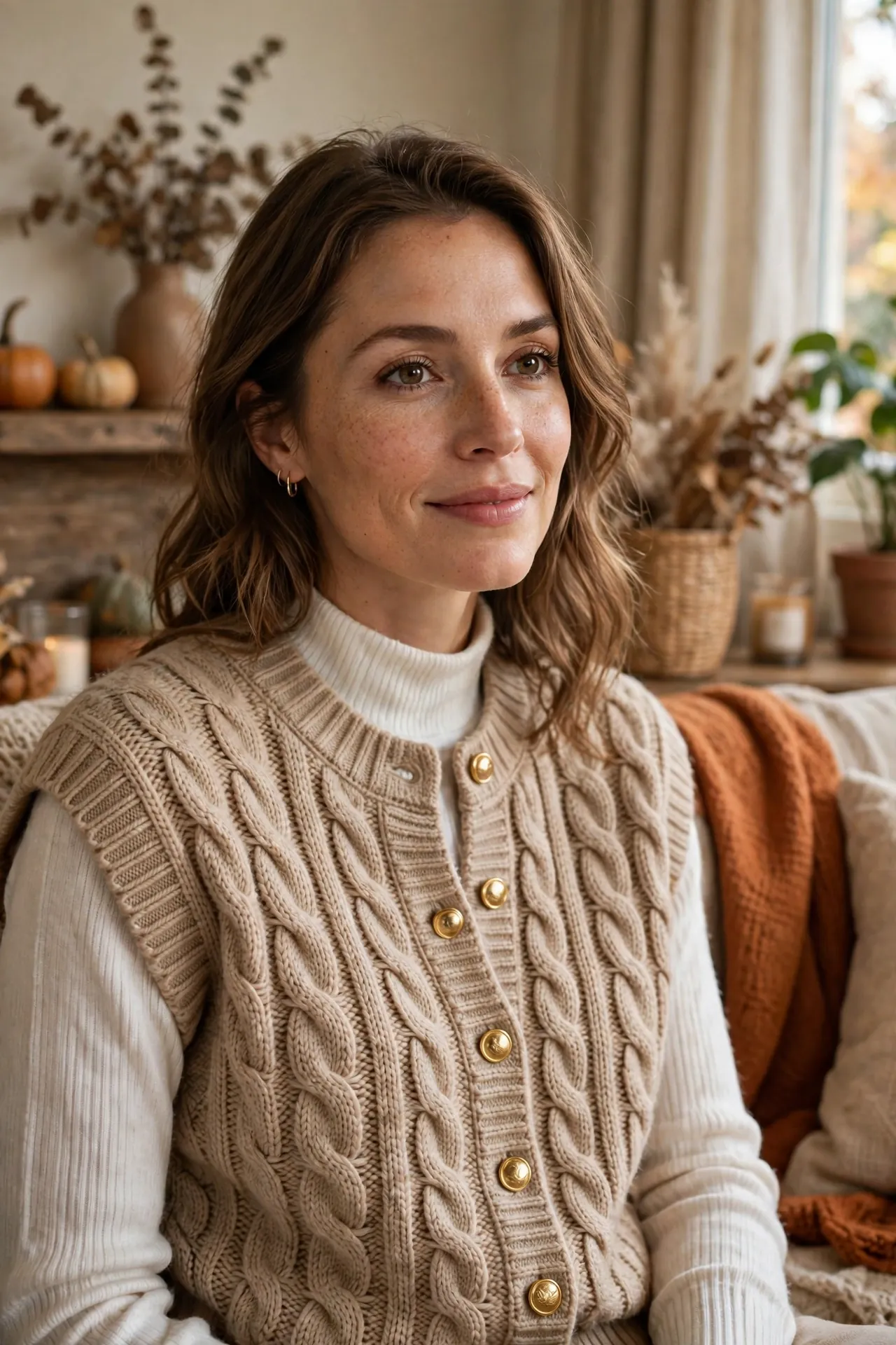 Chunky knit sweater vest with gold buttons over a turtleneck