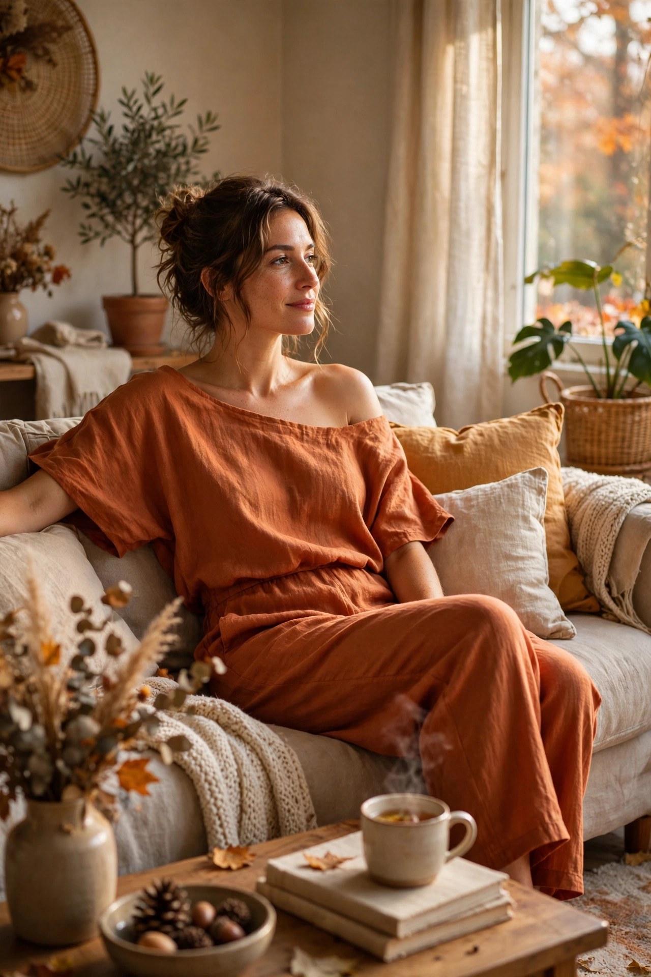 Off-the-shoulder casual jumpsuit worn at home
