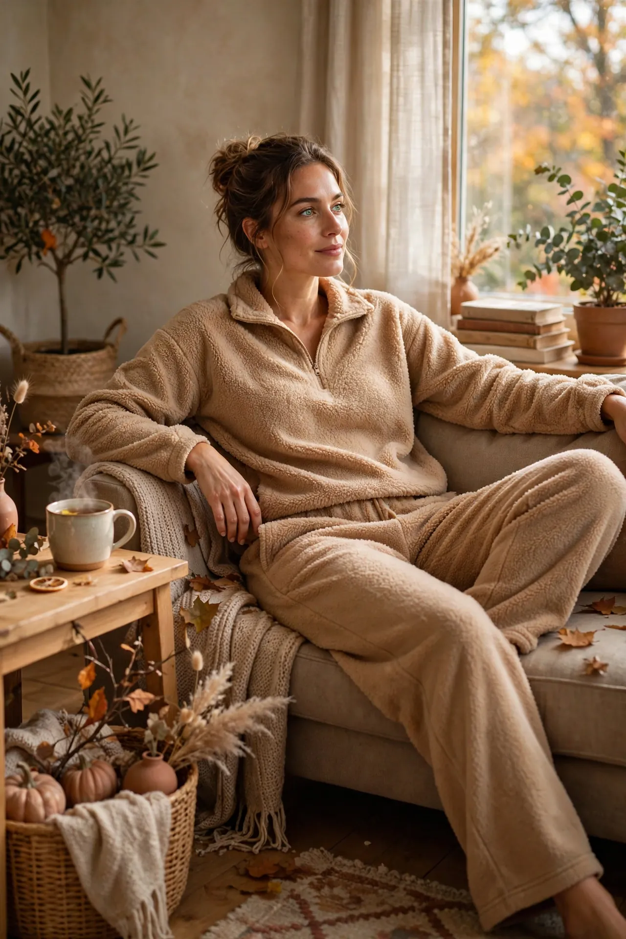 Fuzzy fleece two-piece lounge set in a cosy living room