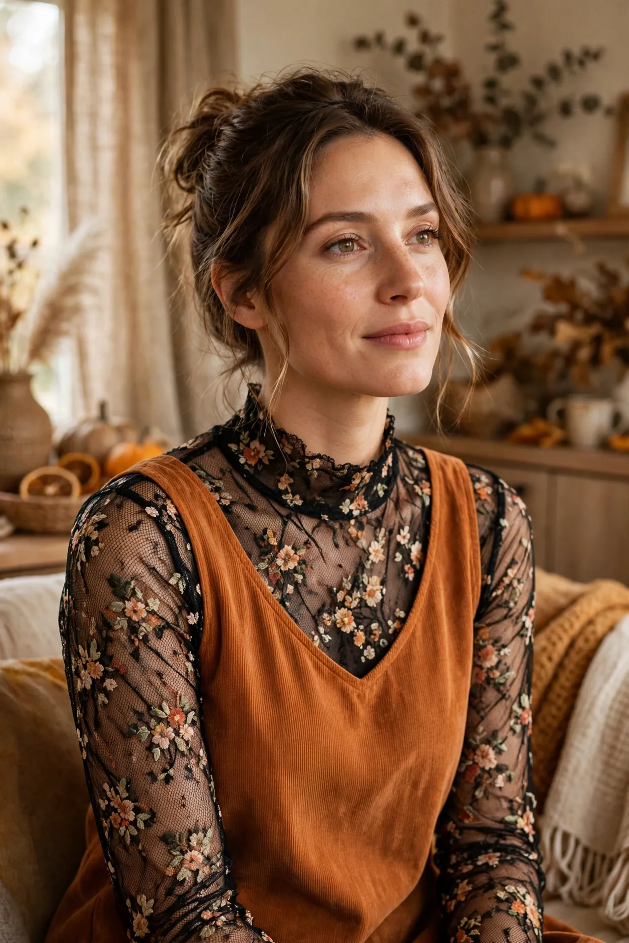 Floral mesh long-sleeve top with a mock neck, layered under a dress