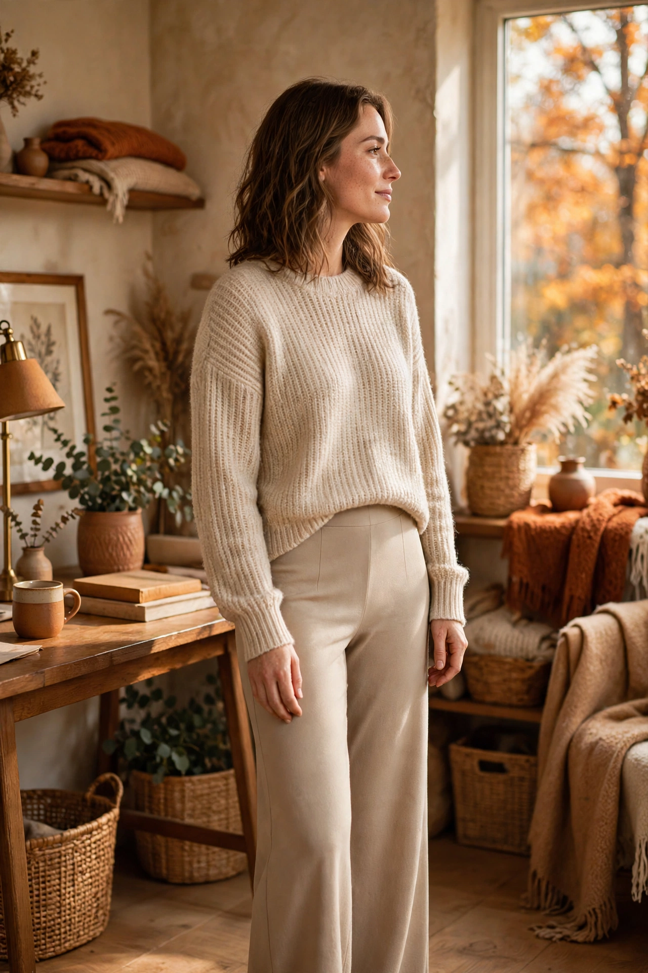 Wide-leg stretch pants styled with a sweater