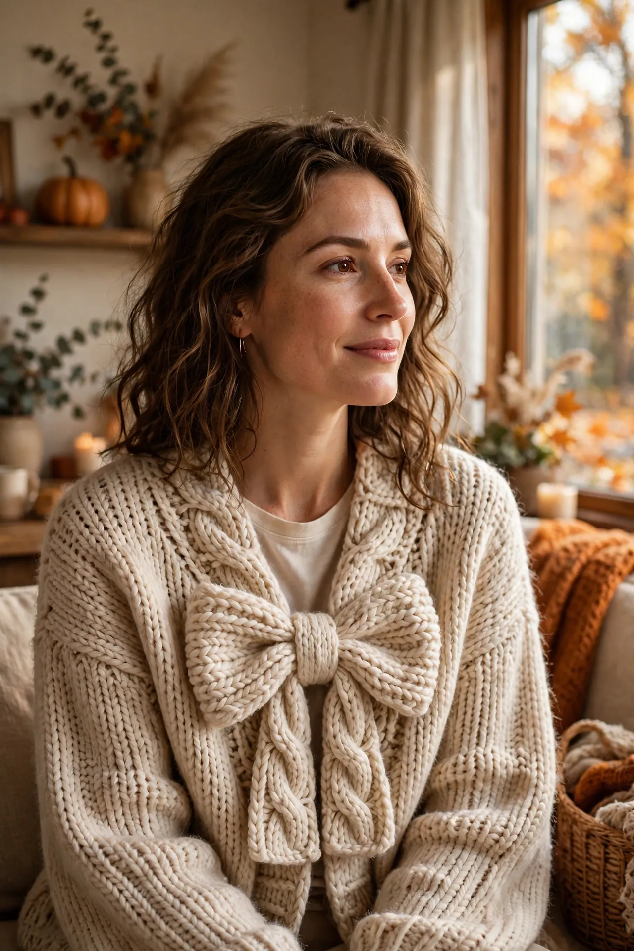 Chunky knit cardigan with tie-front bows