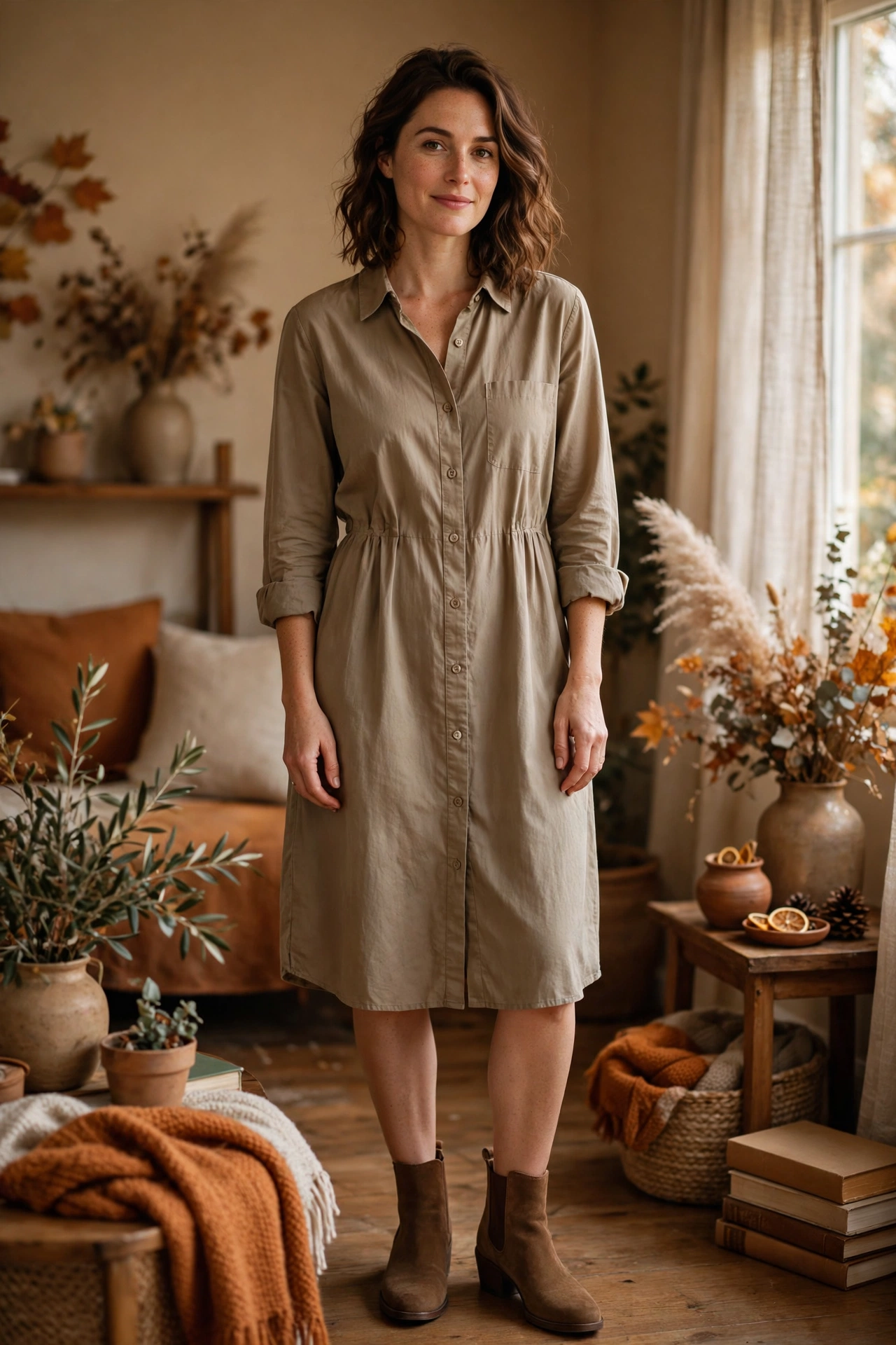 Button-front shirtdress worn with ankle boots