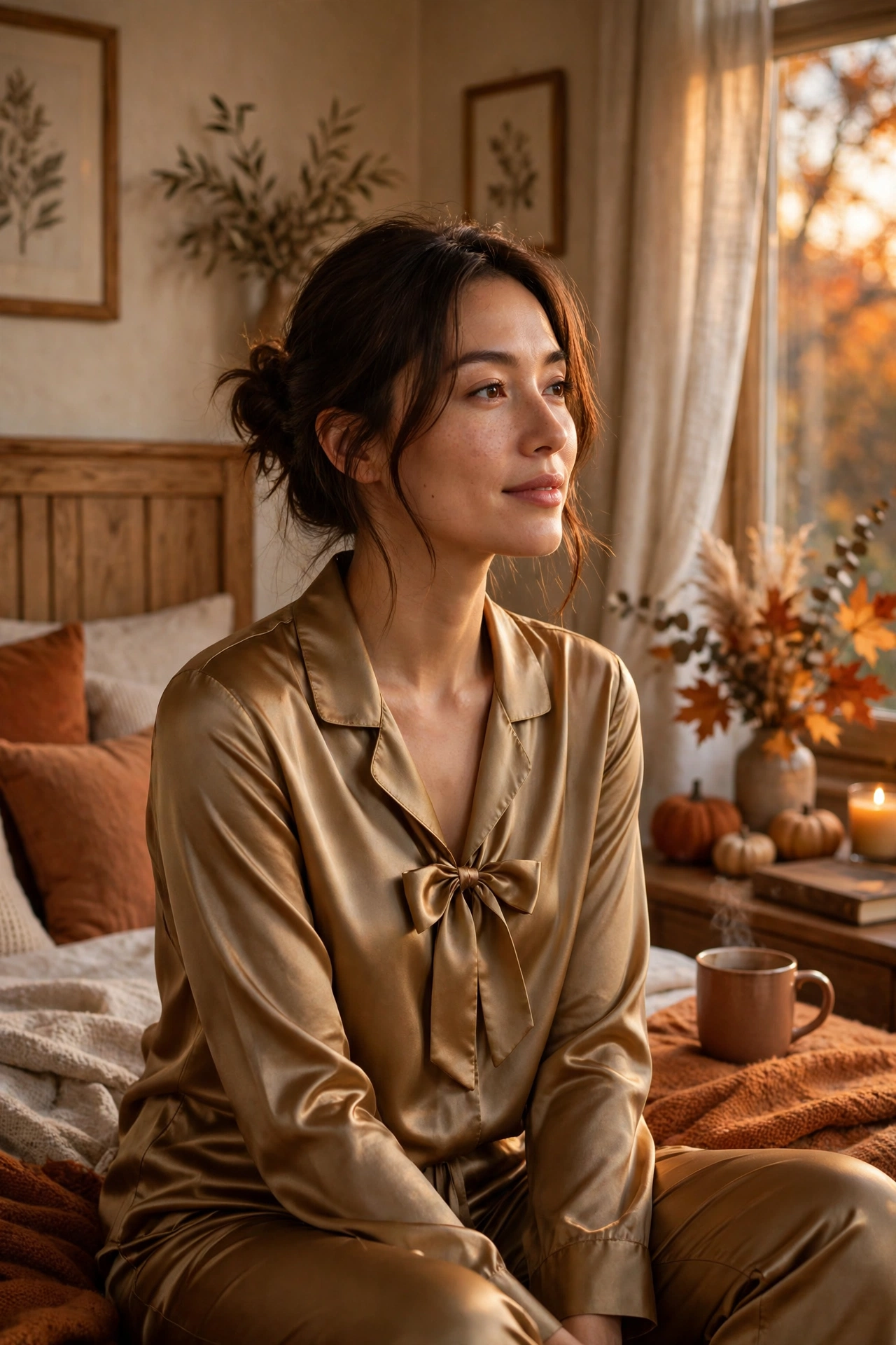 Satin pyjama set with a bow tie-front top