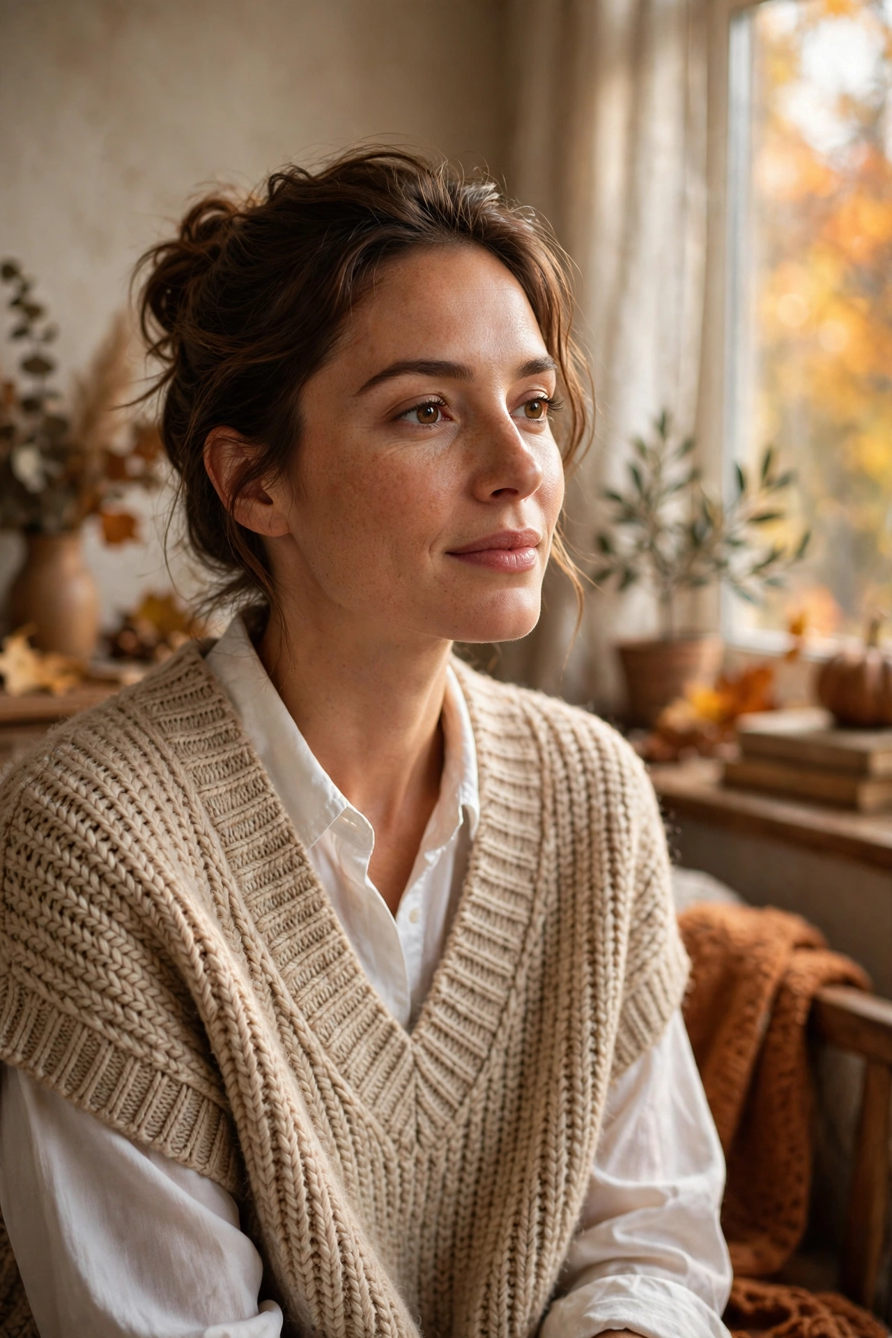 Oversized V-neck sweater vest layered over a shirt