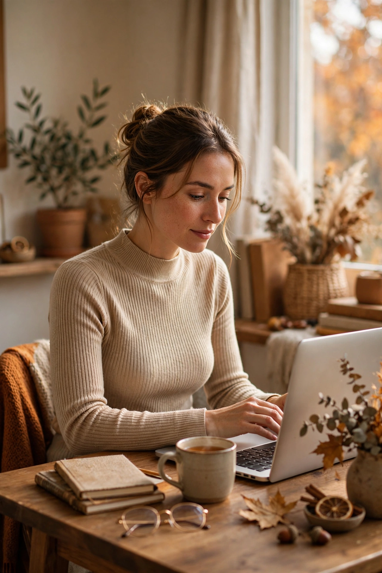 Ribbed mock-neck sweater in a home office setting