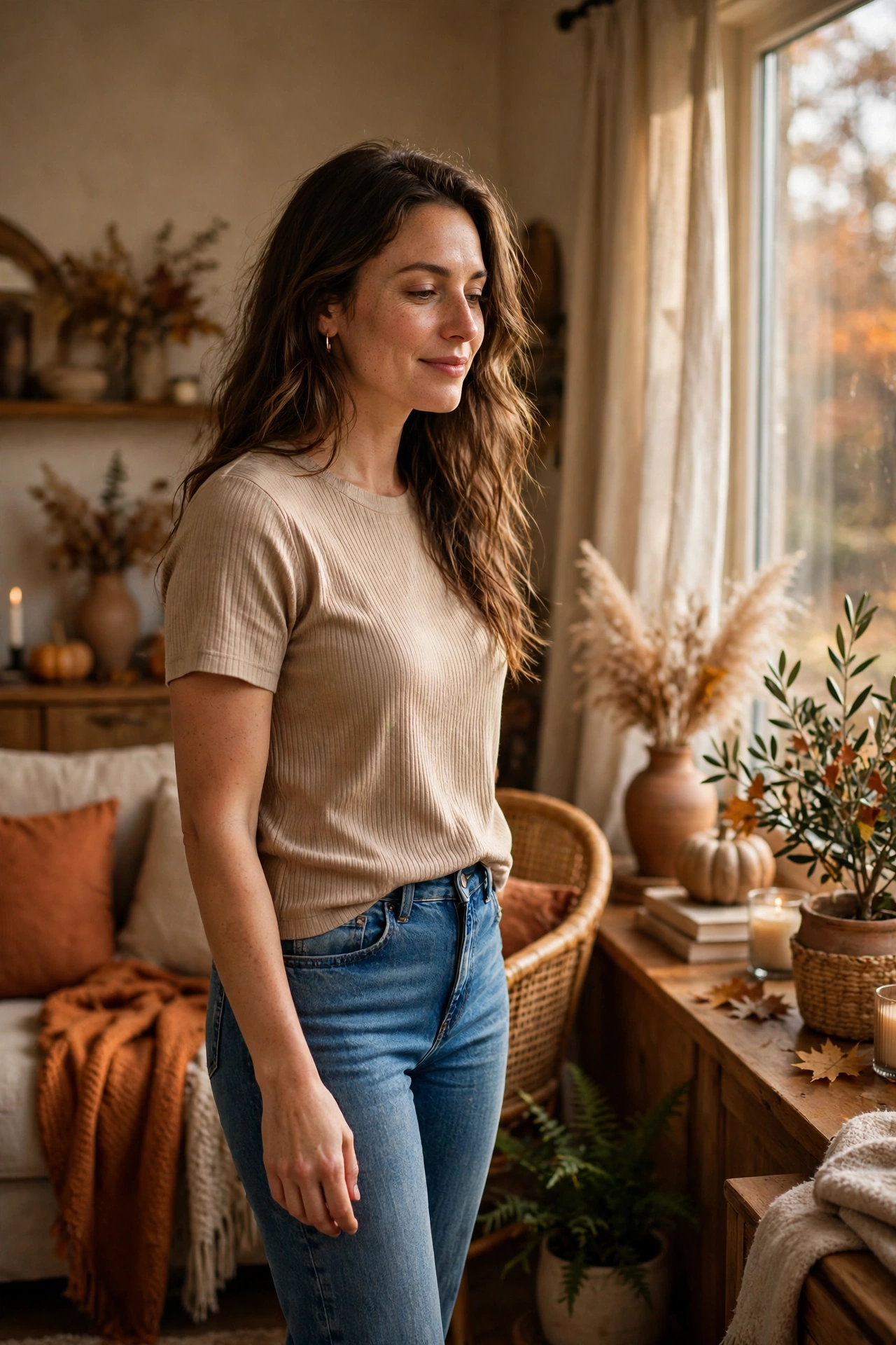 Ribbed knit T-shirt styled with jeans