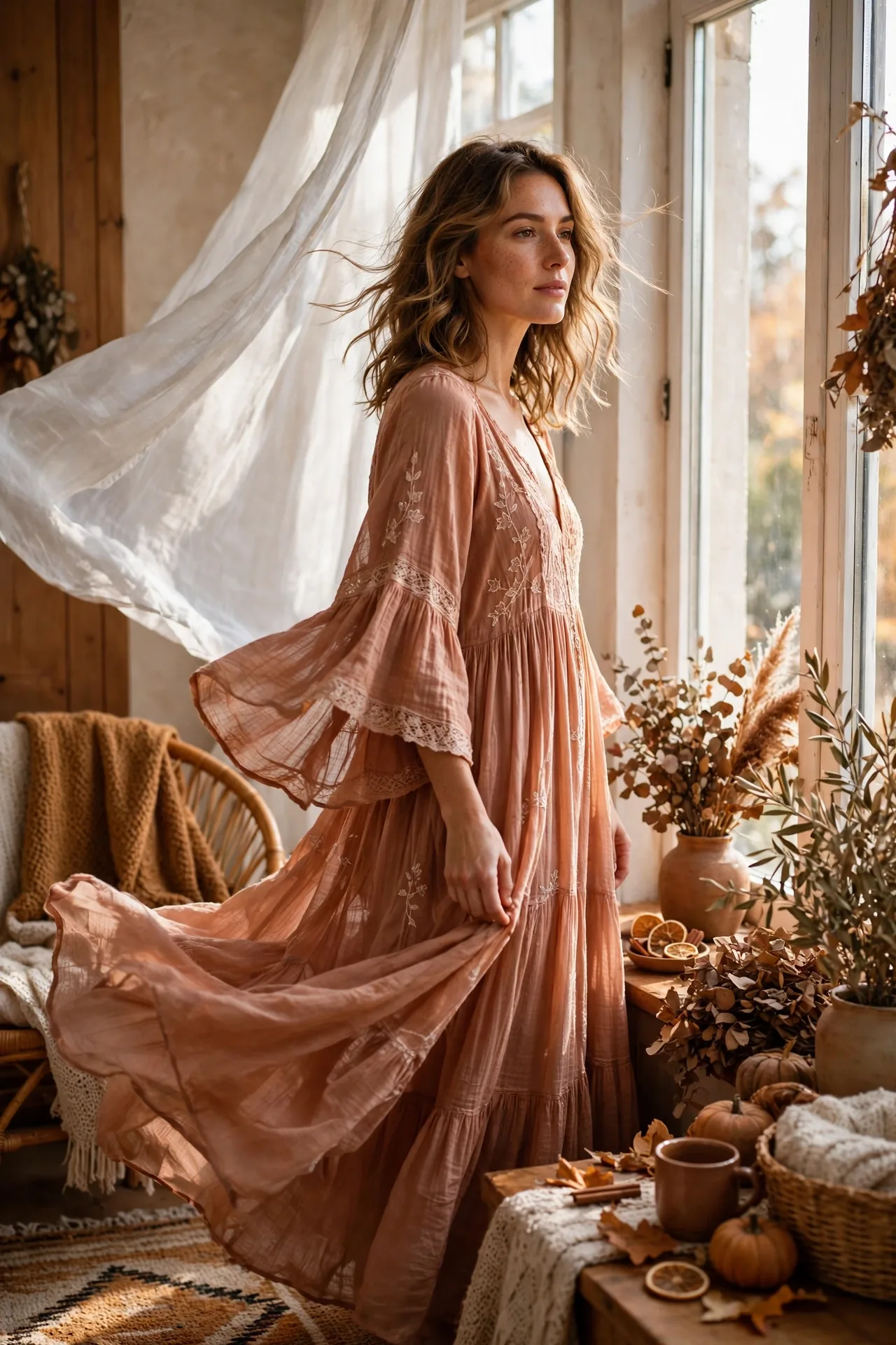 Soft flowing maxi dress worn at home