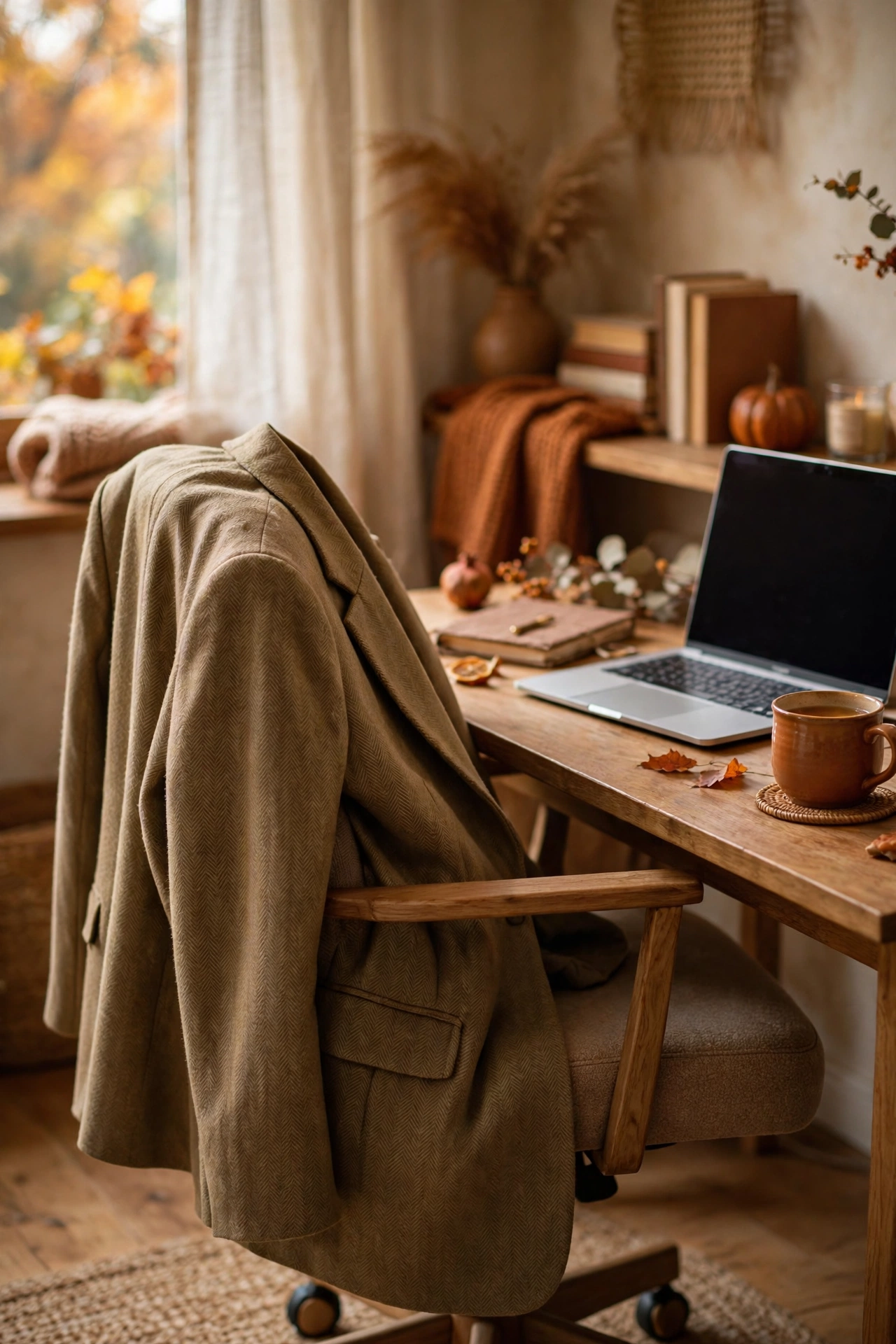 Tailored blazer draped over a desk chair