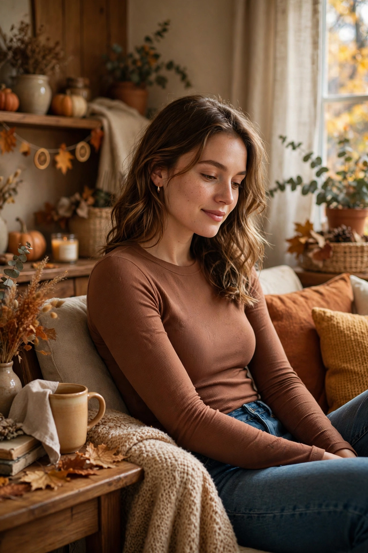 Smooth long-sleeve bodysuit worn with jeans
