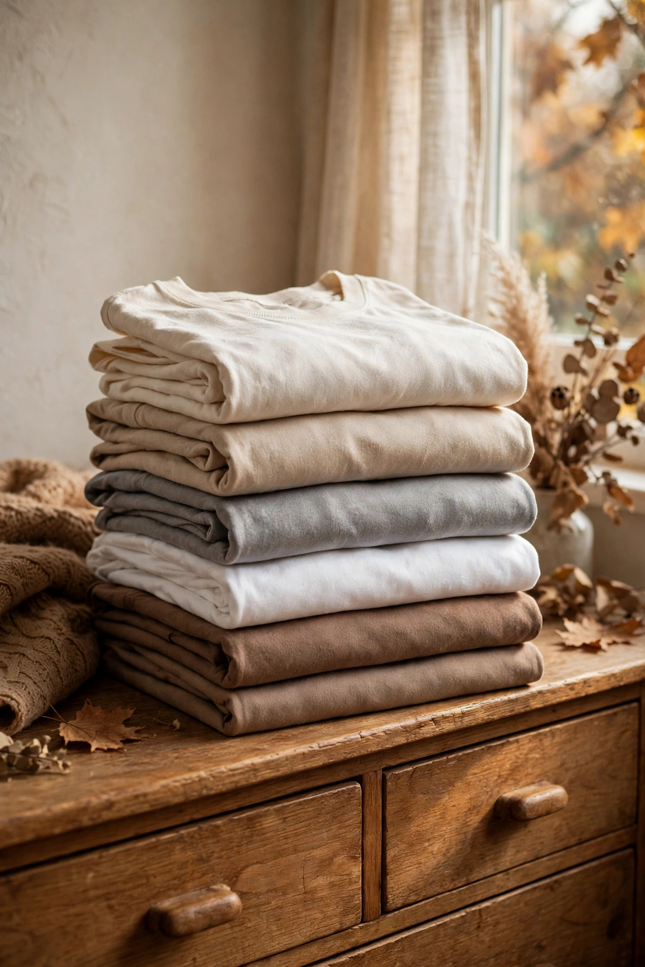 Folded stack of basic crew-neck T-shirts