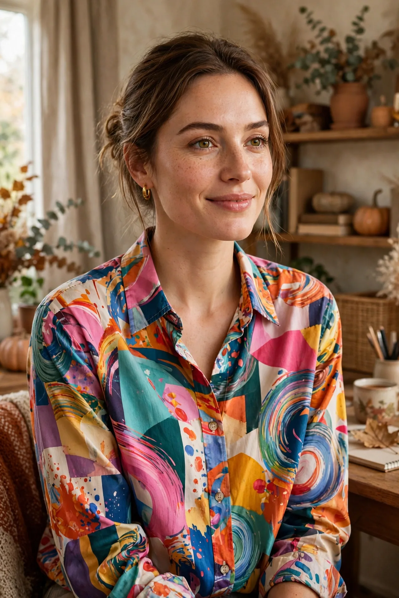 Bold patterned button-down shirt on a hanger