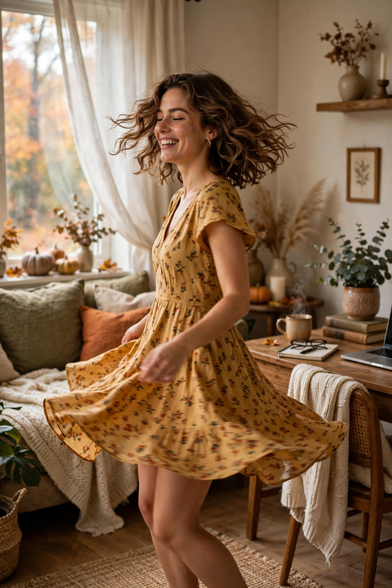 Flowy short swing dress twirling in a living room