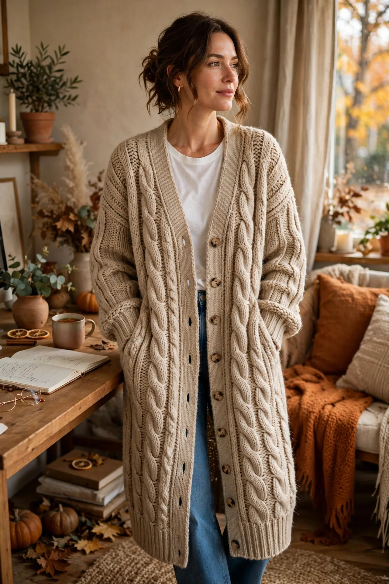 Long button-up knit sweater dress worn open as a cardigan