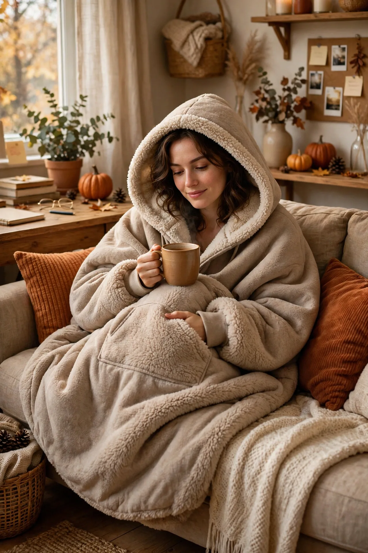 Oversized wearable blanket hoodie in a living room