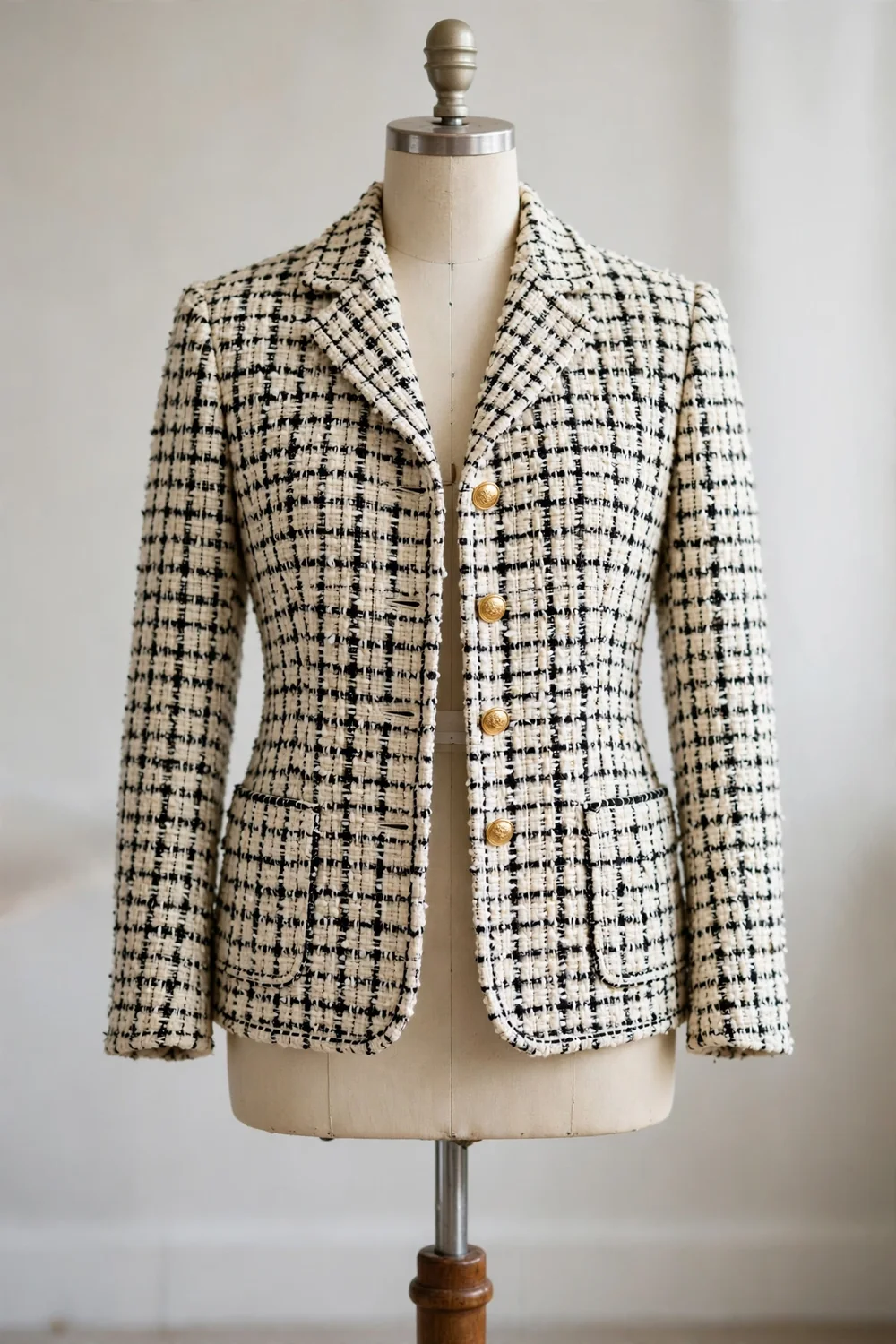 A structured cream and black tweed jacket with gold buttons on a tailor's dress form