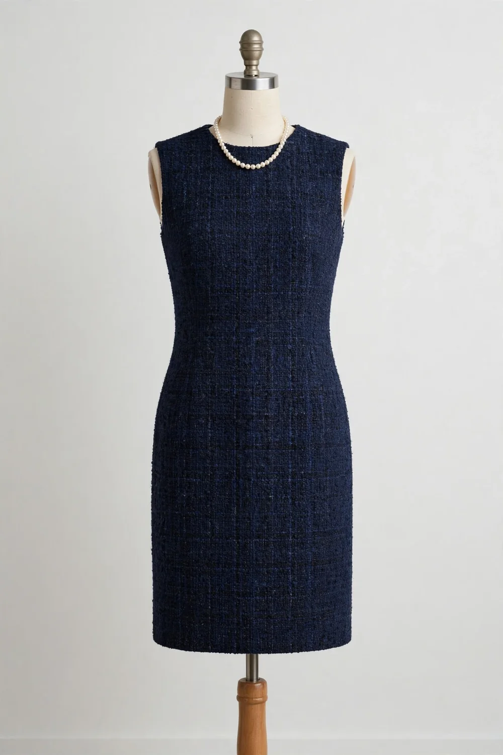 A sleeveless navy tweed shift dress with a strand of pearls on a dress form