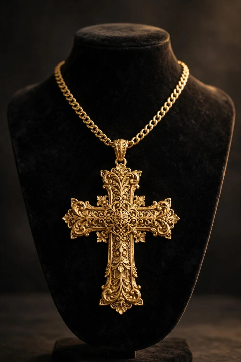 A large ornate gold cross pendant necklace on a black velvet jewellery stand
