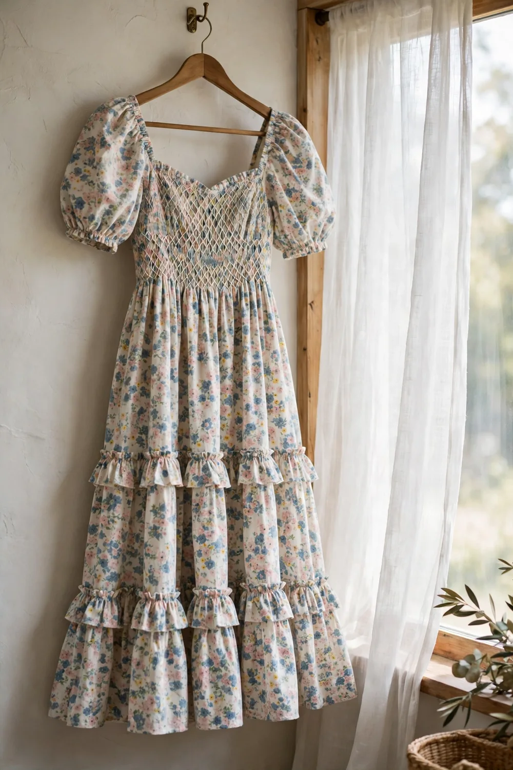 A floral prairie dress with puff sleeves and a tiered skirt hanging by a bright window