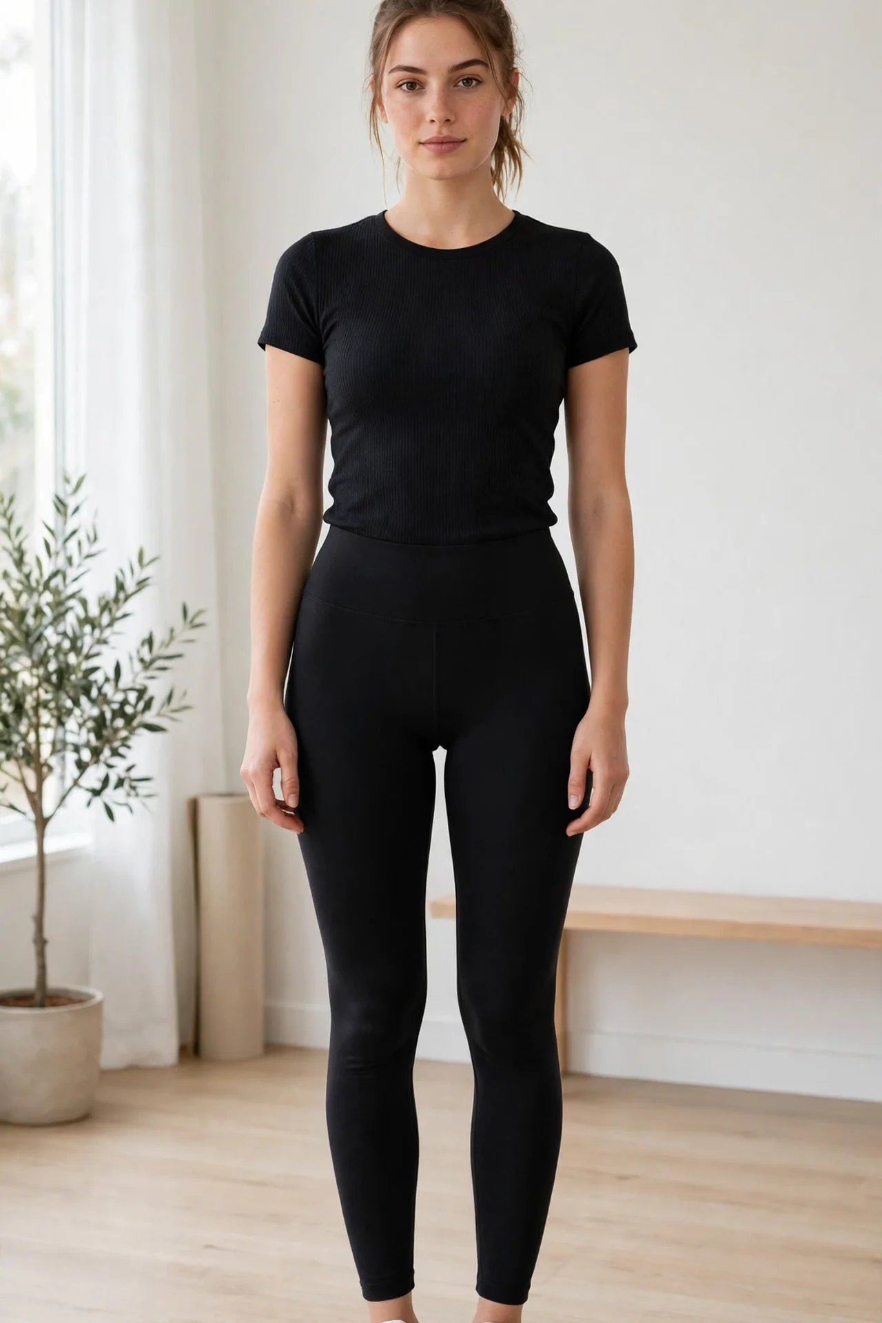 Woman wearing buttery-soft high-waisted black leggings