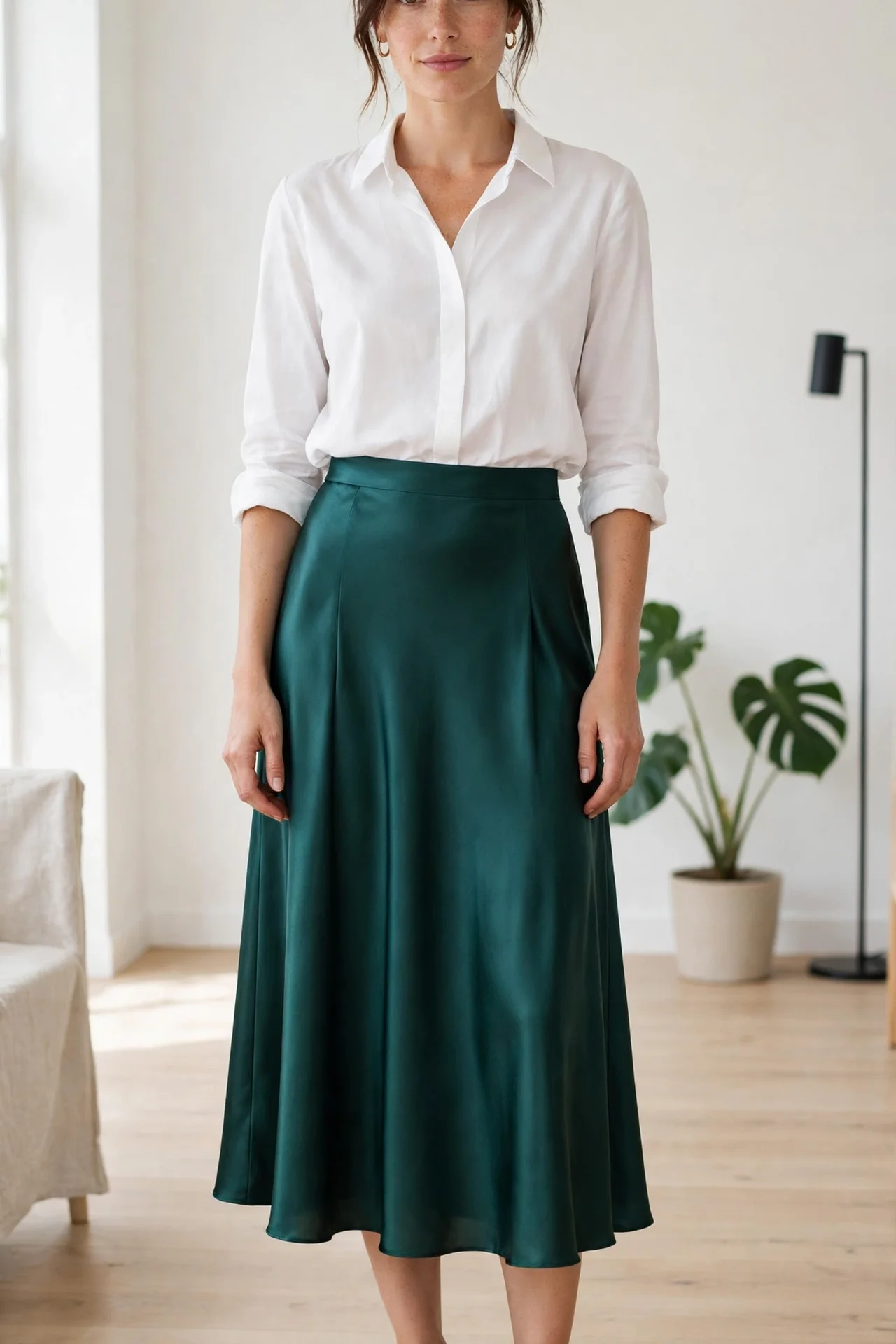 Woman wearing an elegant satin midi skirt