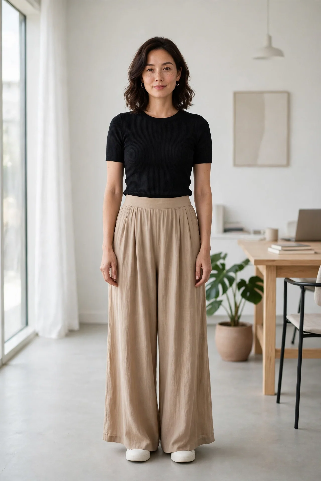 Woman wearing flowy wide-leg palazzo pants