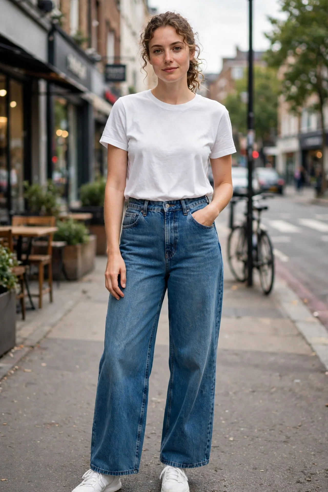 Woman wearing high-waisted wide-leg barrel jeans