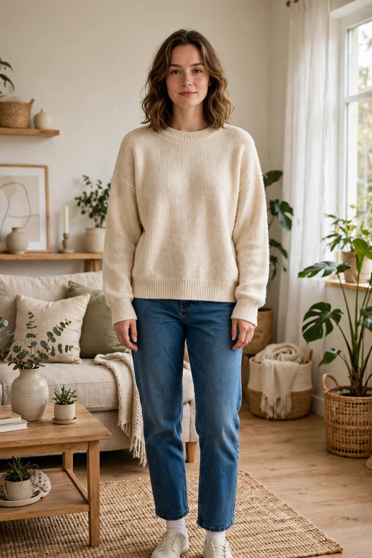 Woman wearing a soft oversized crewneck sweater