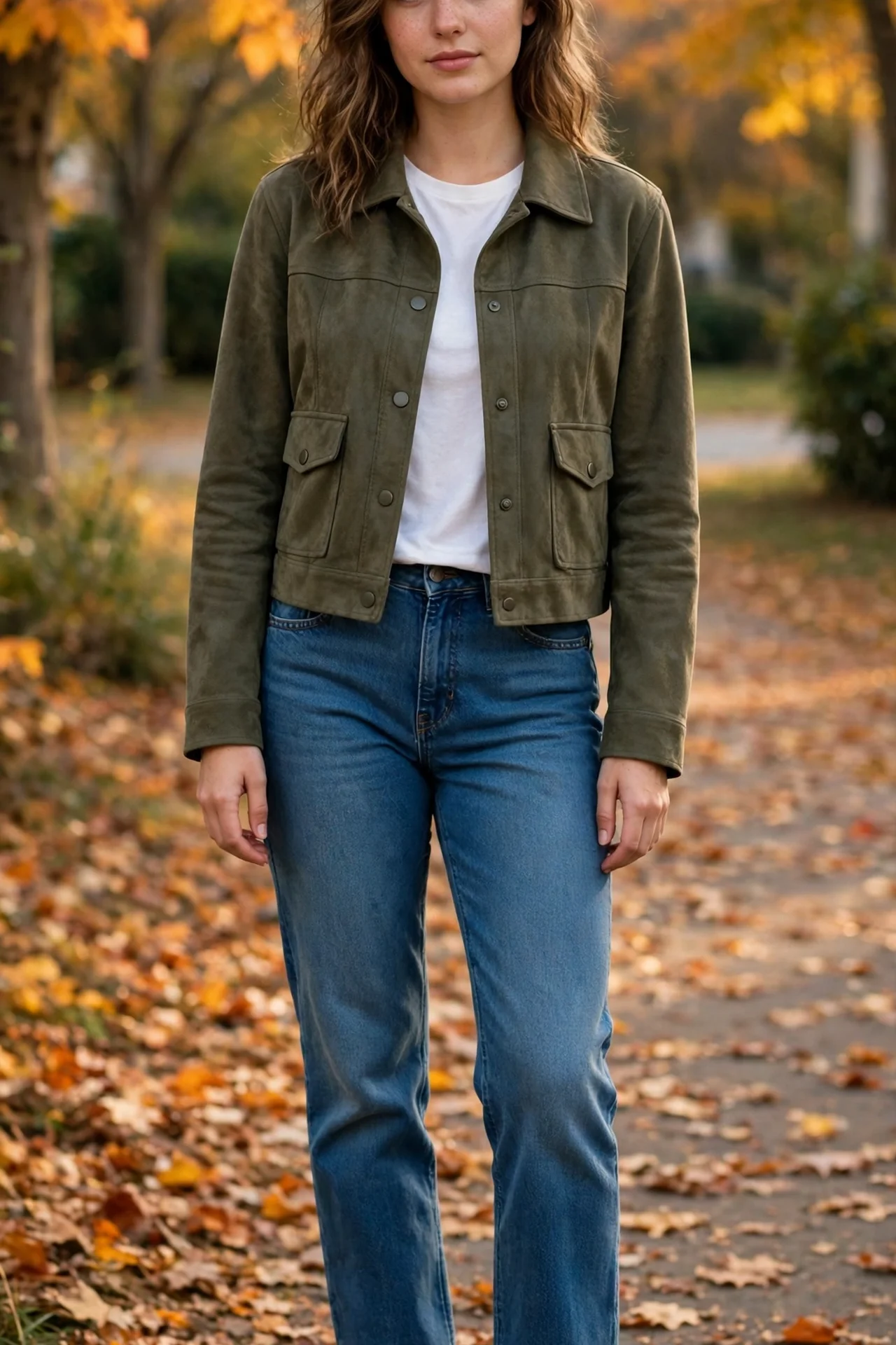 Woman wearing a cropped faux-suede jacket