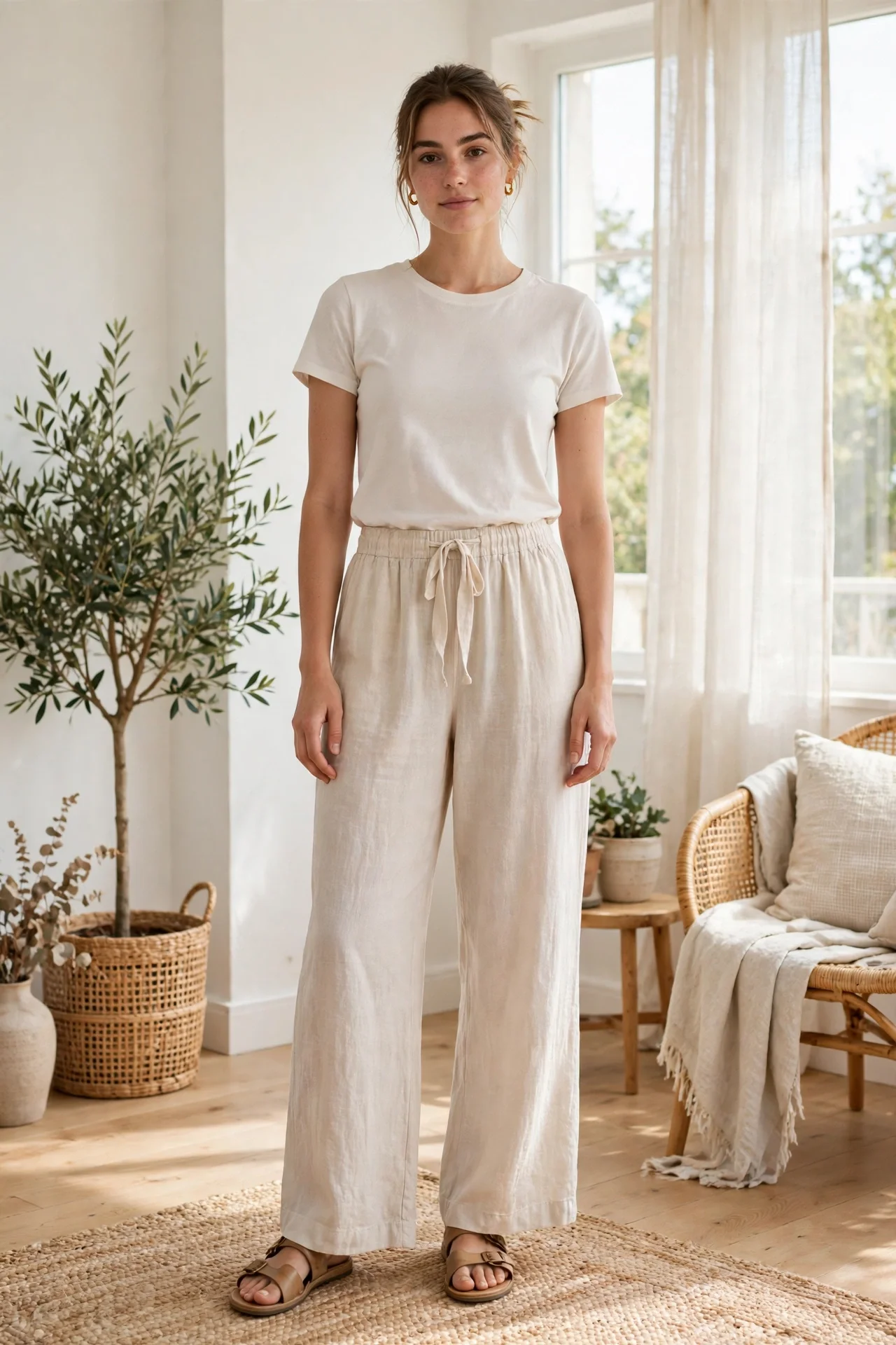 Woman wearing drawstring wide-leg linen-blend pants