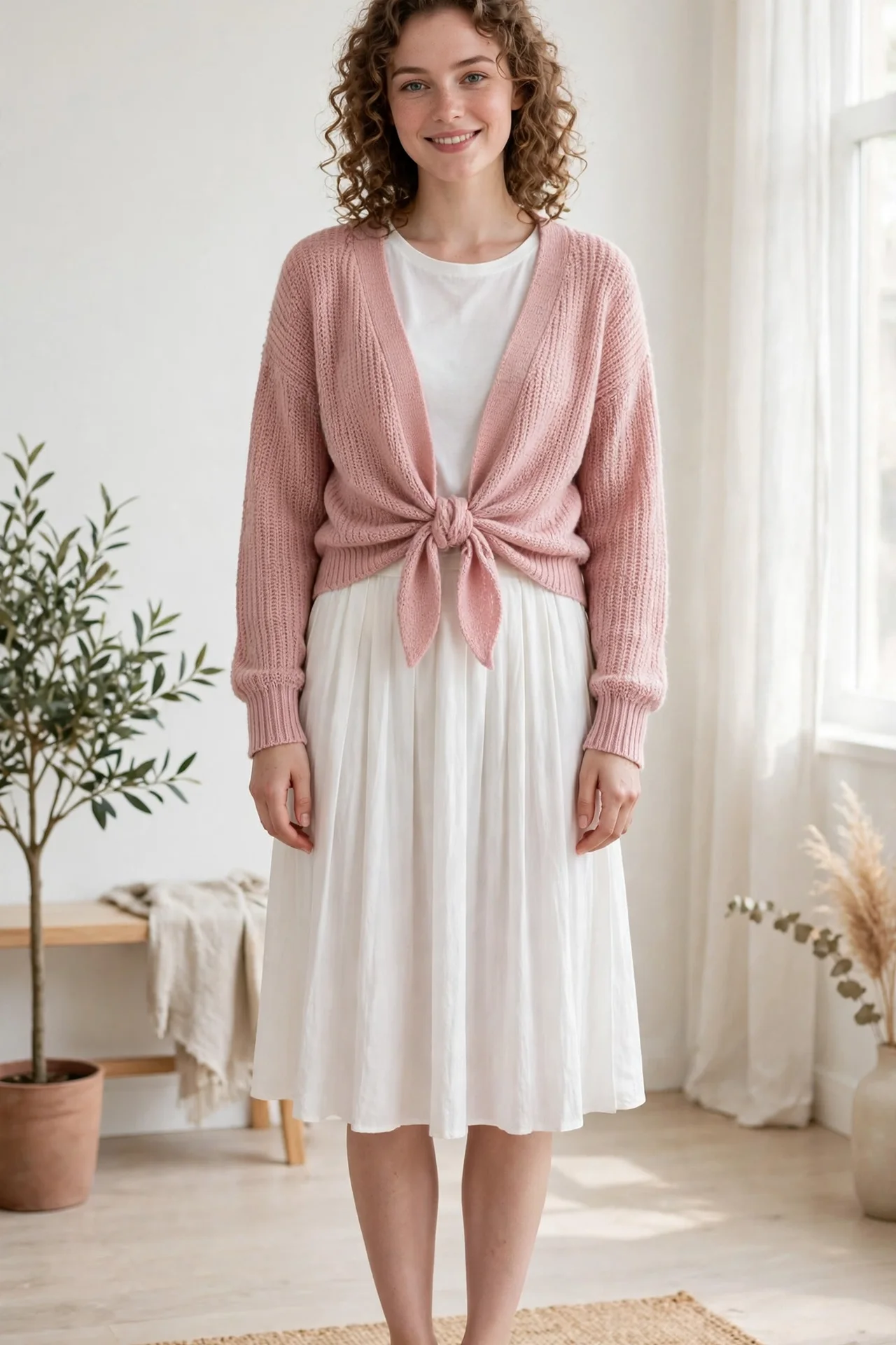 Woman wearing a soft tie-front cardigan