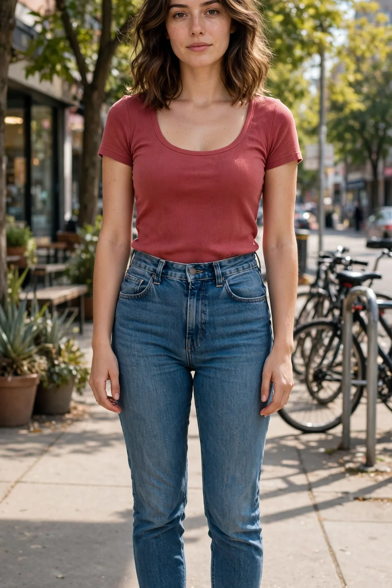 Woman wearing a scoop-neck fitted top