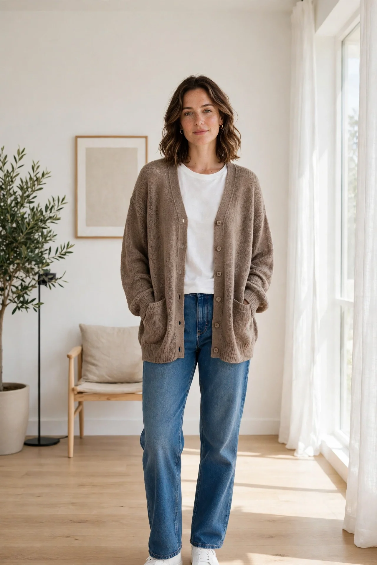 Woman wearing an oversize knit button-up cardigan