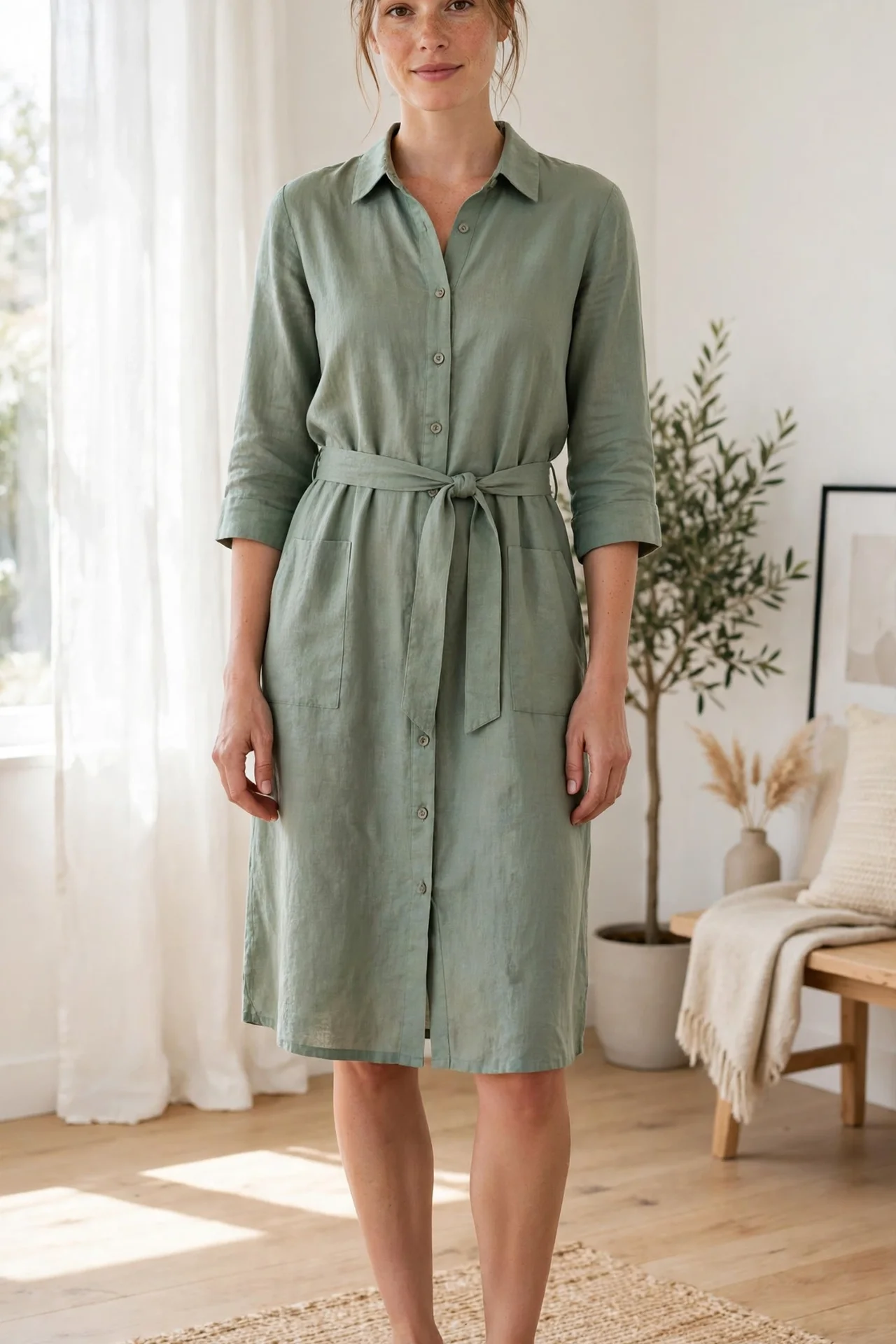 Woman wearing a three-quarter-sleeve shirtdress