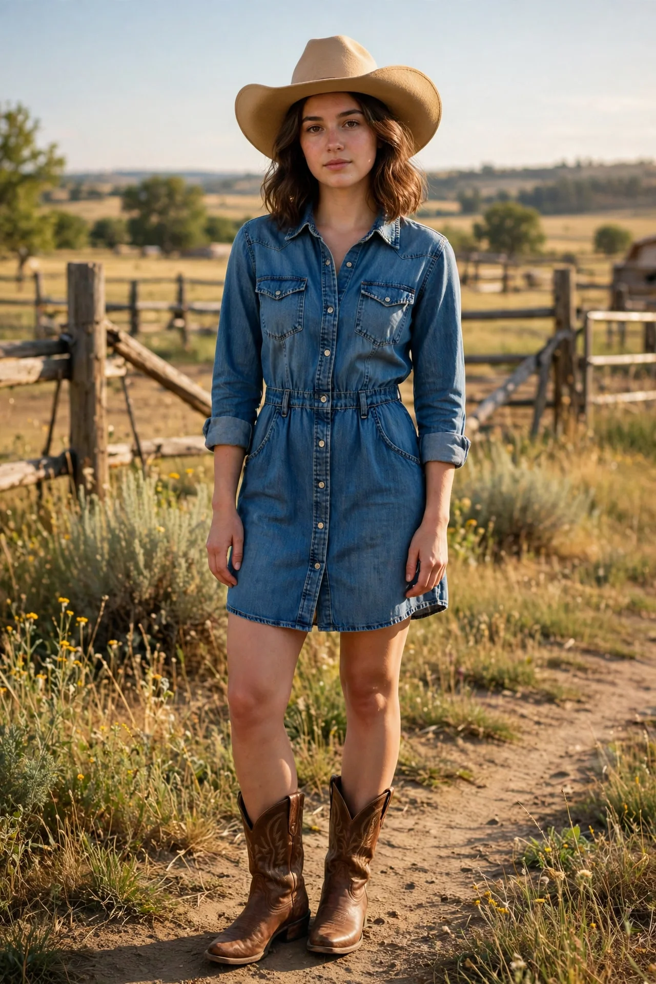 Woman wearing a denim shirt dress with boots and a hat