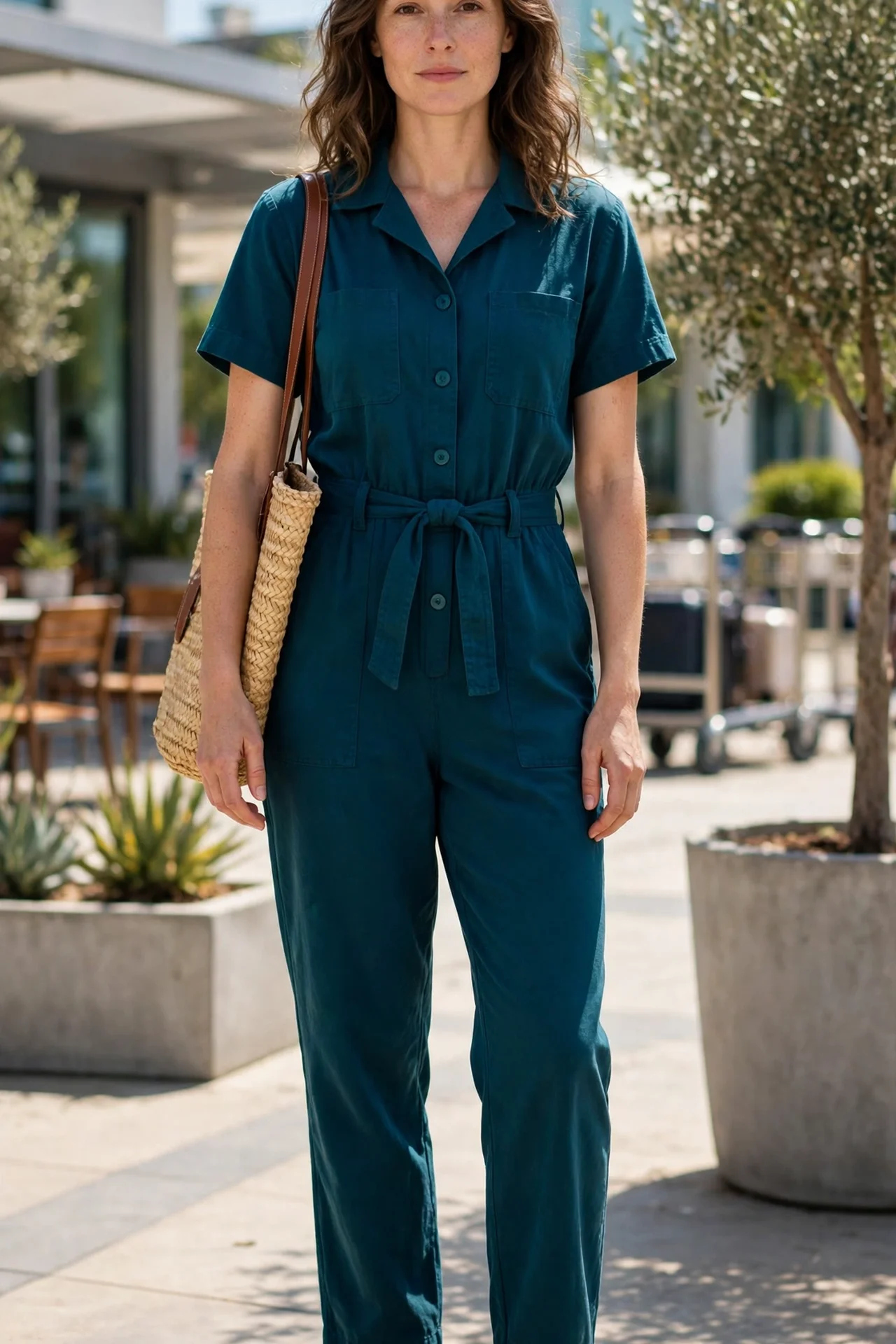 Woman wearing a short-sleeve jumpsuit