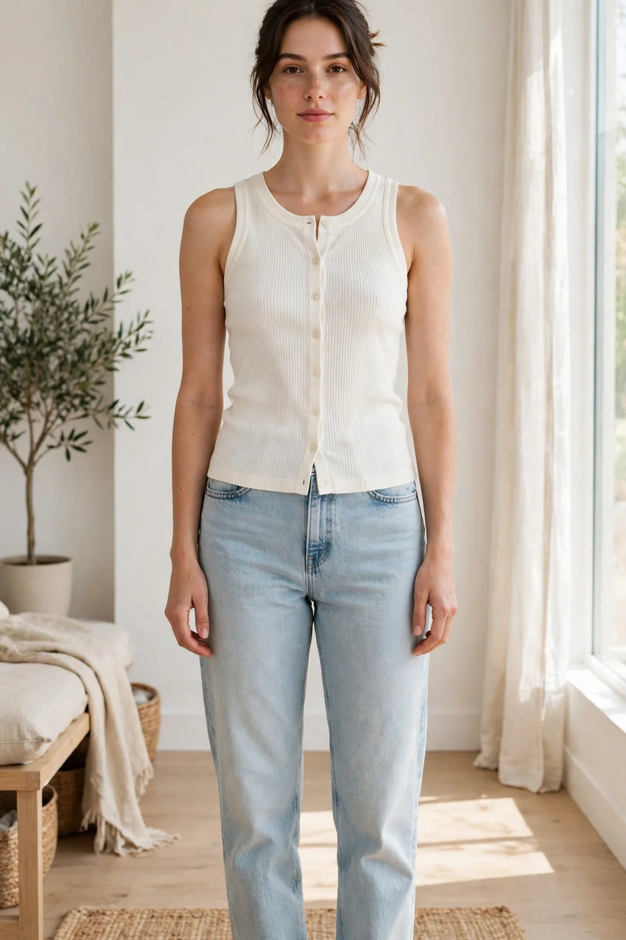 Woman wearing a ribbed button-up tank top