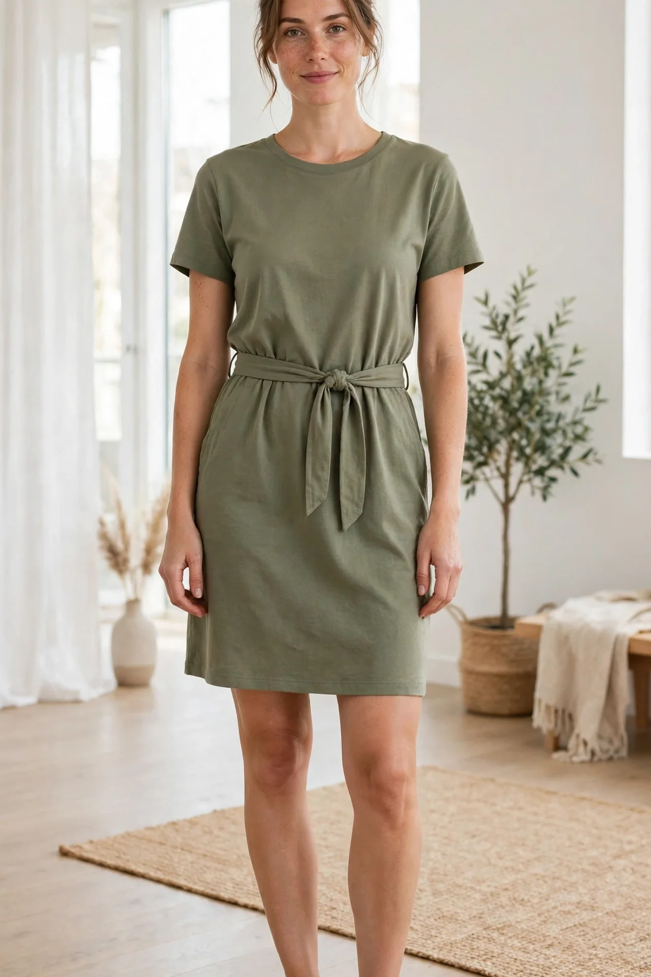 Woman wearing a tie-waisted T-shirt dress