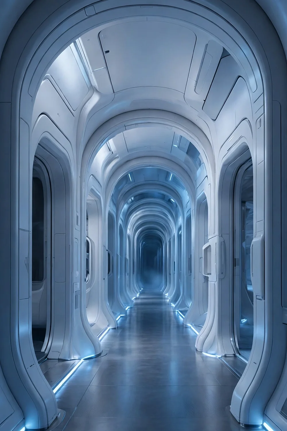 A spaceship corridor lit in cool blue light
