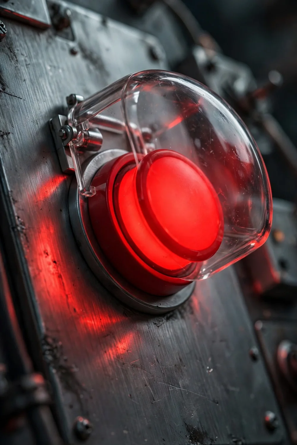 A glowing red emergency button under a glass cover