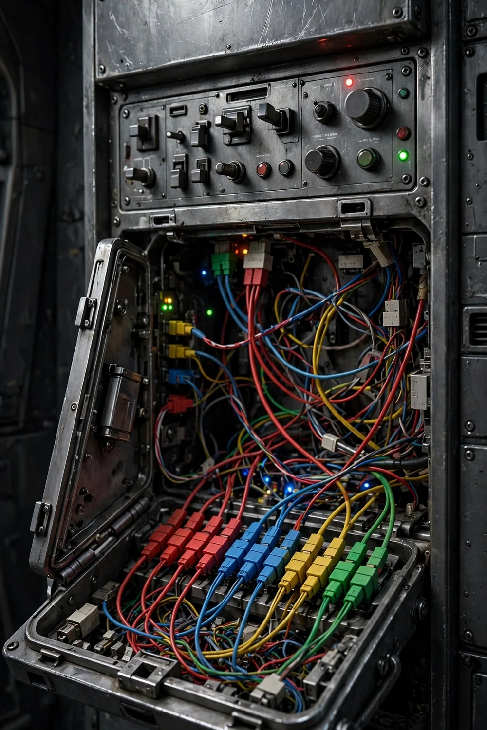 A spaceship control panel with tangled coloured wires
