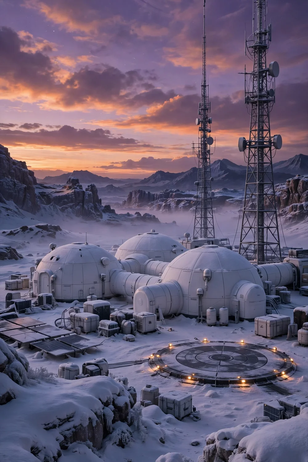 A snowy research base on an alien planet at dusk