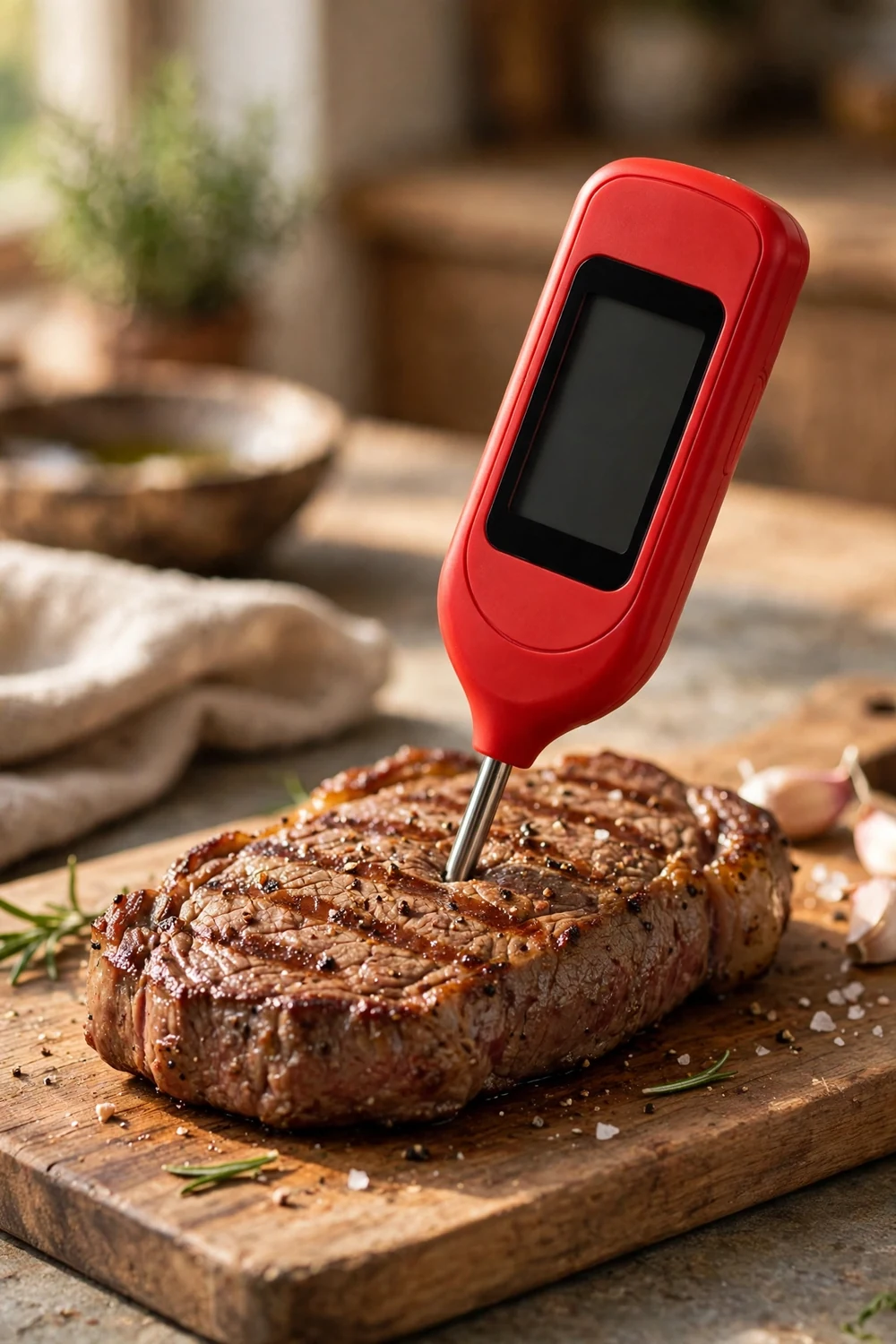 ThermoMonster instant-read meat thermometer in red
