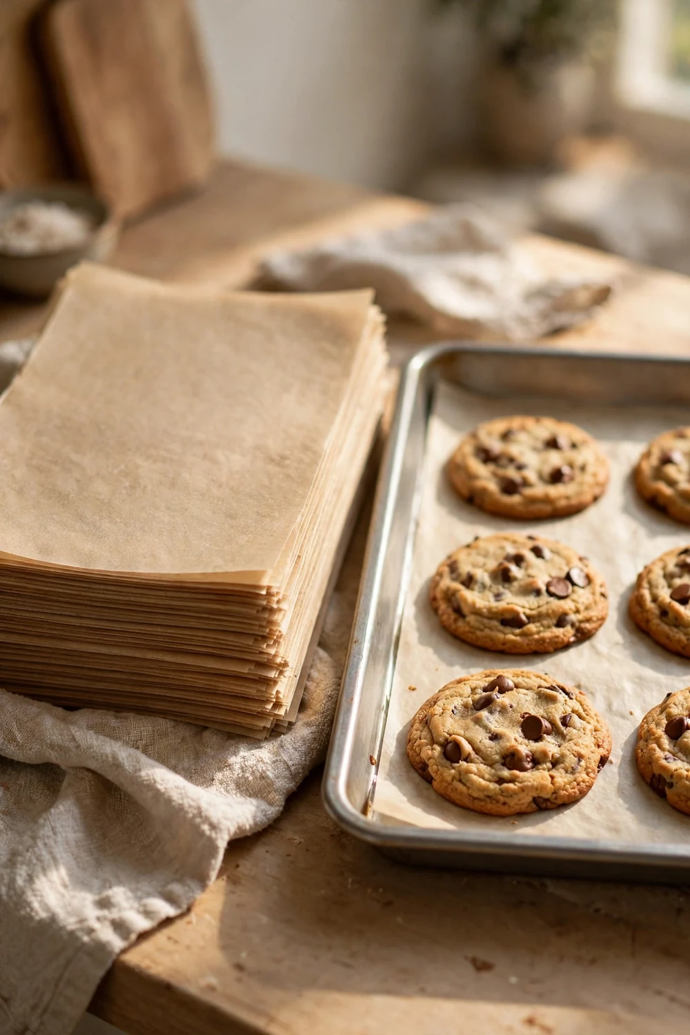 Stack of precut parchment paper sheets beside a sheet pan